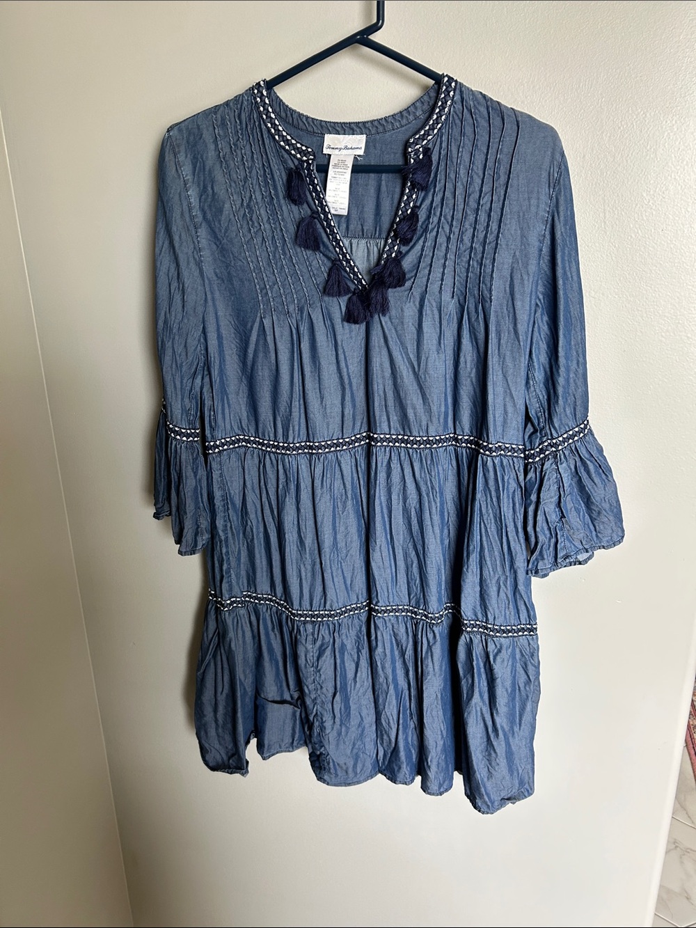 Tommy Bahama Blue Tassel-Trim Long Sleeve Tunic Dress